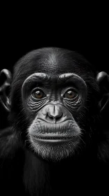 Chimpanzee portrait in stark black background closeup.