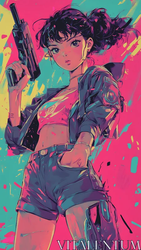 Neon-anime gunslinger rendered in high-chroma digital vectors.