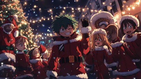 Anime characters in red winter outfits under festive lights.