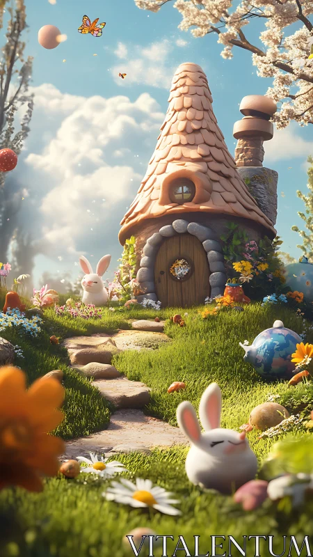 Procedural spring meadow with stylized bunny burrow cottage.