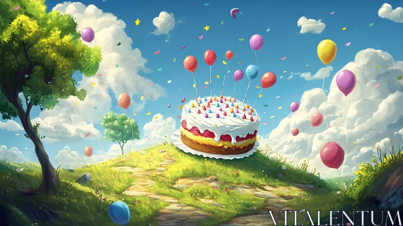 Giant Birthday Cake Surrounded by Colorful Balloons.