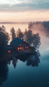Red lakeside cabin with warm lights in misty evening calm.