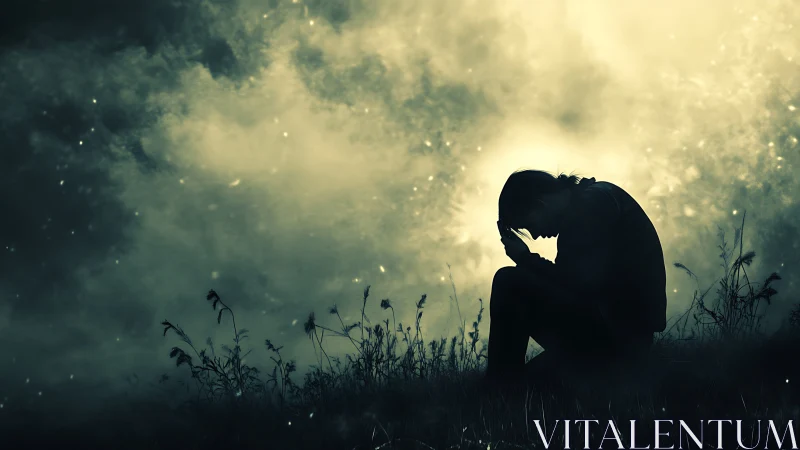 Silhouetted figure seated in grass under glowing sky.