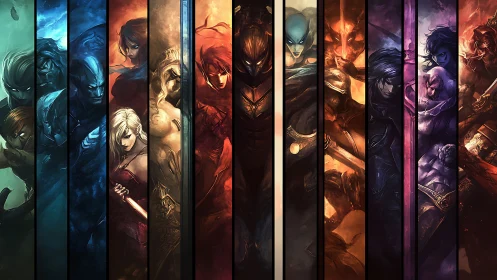 Segmented fantasy warriors align in chromatic character bands