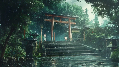 Rain-drenched shrine gate listens softly to two quiet travelers