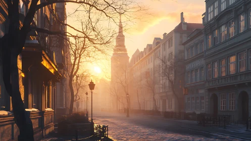 Low sunlit winter boulevard with historic facades and tower