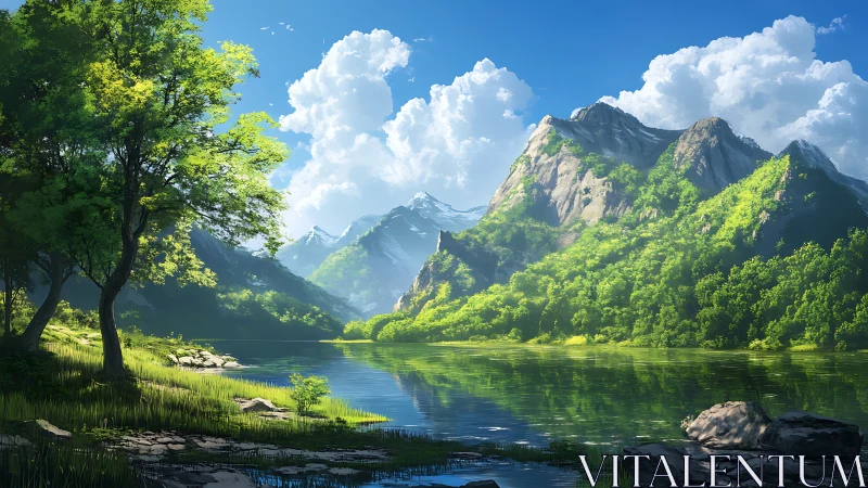 Sunlit mountain lake reflects forest slopes under bright clouds