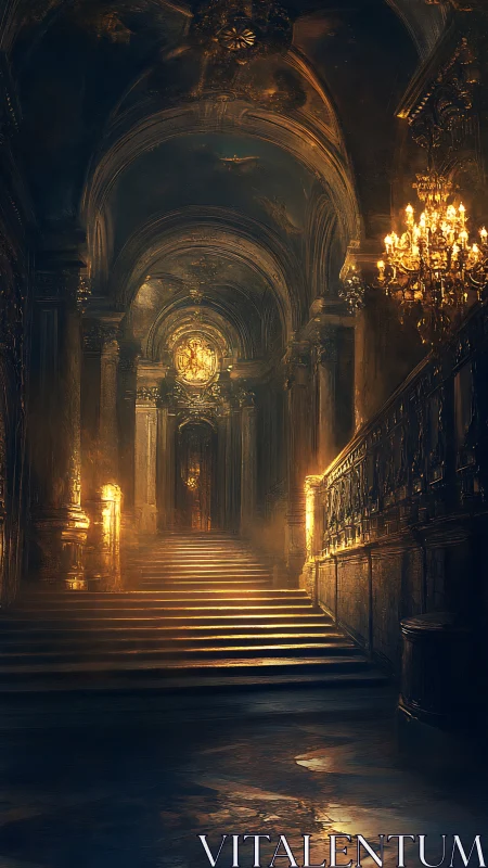 Grand baroque staircase in dim golden lamplight interior.