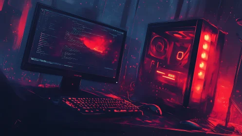 Cyberpunk coding workstation under neon red glow.