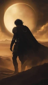 Lone armored wanderer surveys molten desert moonrise