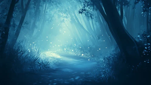 Luminous Forest Passage with Ethereal Particle Effects.