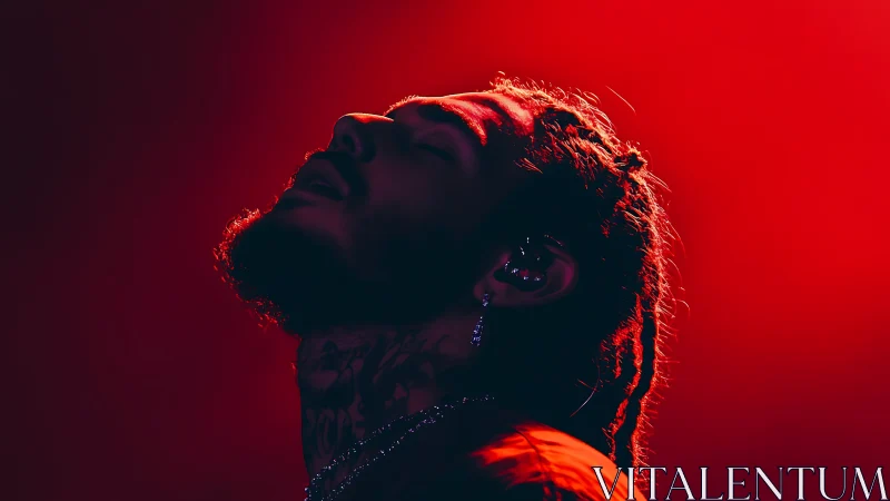 Backlit vocalist in saturated red stage wash and side profile