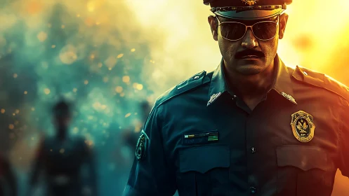 Stoic police officer in dramatic cinematic backlight portrait.