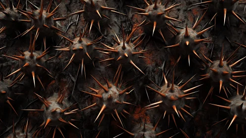 Spiked metal orbs creating a bold, dramatic abstract wall.