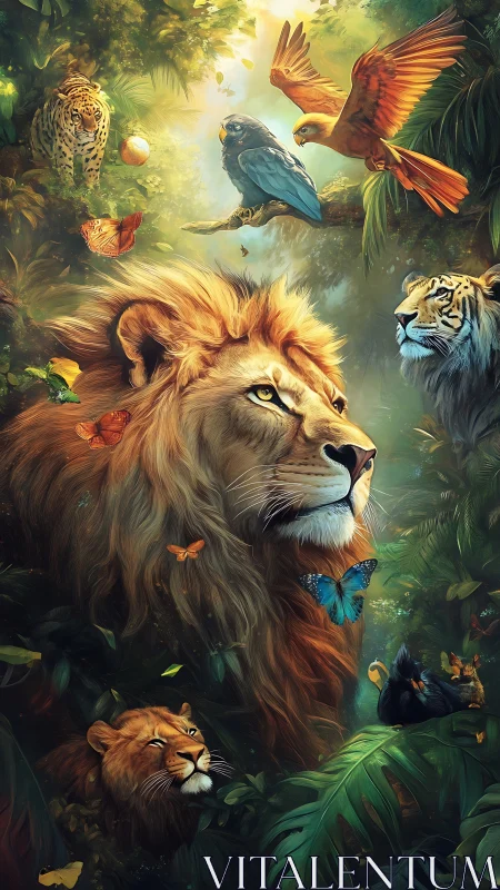 Wildlife Kingdom: Majestic Lion Presides Over Jungle Paradise.