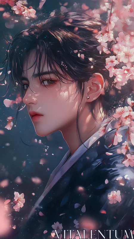 Serene androgynous portrait framed by soft cherry blossoms.