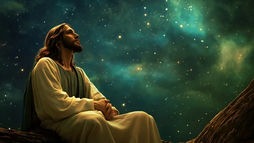 Contemplative robed figure gazes toward a glowing night sky.