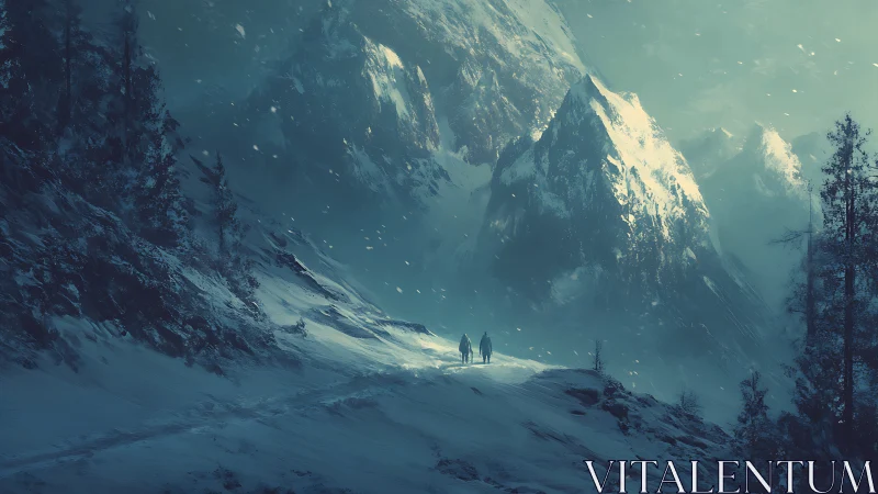 Snowy wanderers trace a quiet path beneath towering peaks