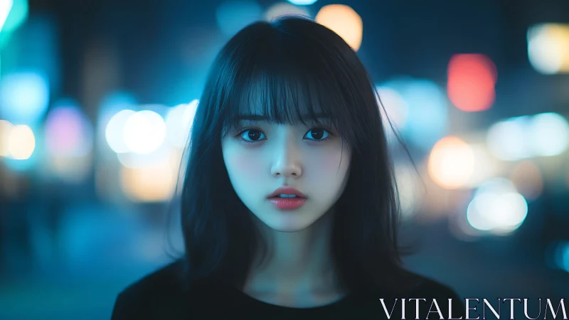 Digital portrait of young woman in night city bokeh lighting.