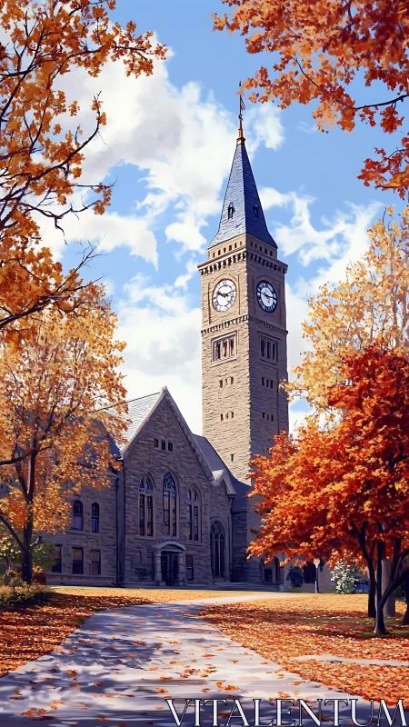 Clock tower over stone campus building in bright autumn light.