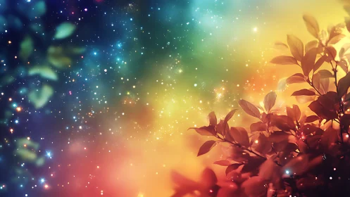 Digital painting of cosmic bokeh sky with luminous foliage foreground.