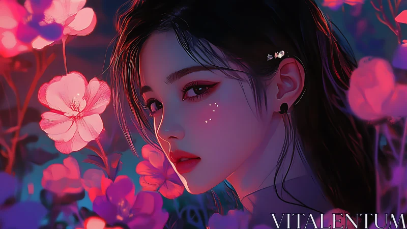 Side-lit portrait of young woman in neon magenta bokeh flora