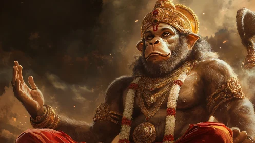 Divine monkey warrior seated in ornate golden regalia.
