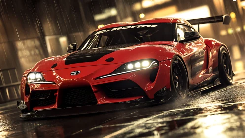 Red tuned Toyota Supra race car stands in wet night street