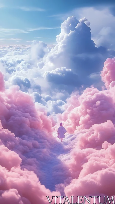 Person walking along pastel pink cloud path in the sky.