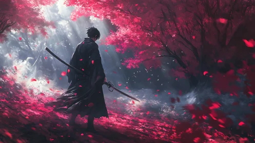Solitary swordsman walks through glowing crimson forest path