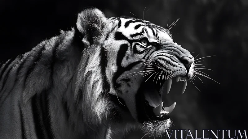 Roaring white tiger in dramatic monochrome close-up portrait.