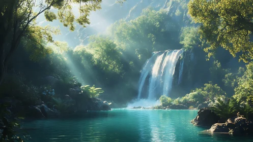 Sunlit forest waterfall over turquoise secluded lagoon.