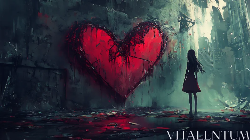 Girl in red meets a broken neon heart on ruined walls.