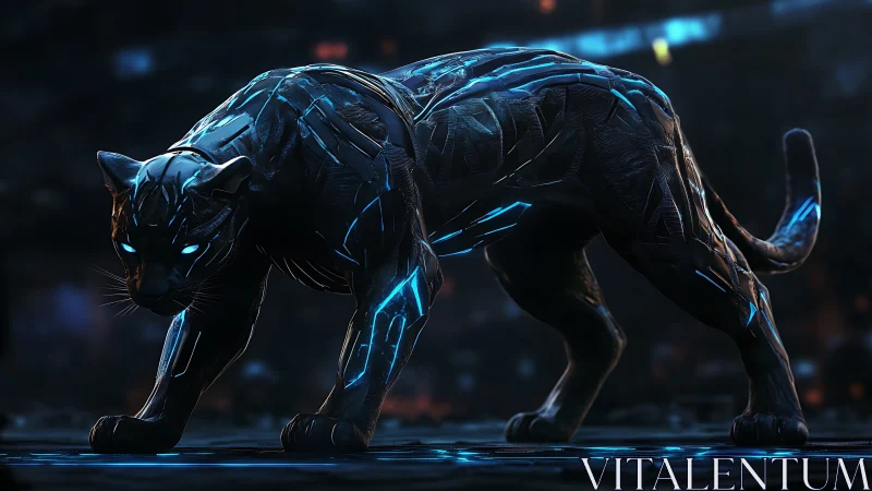 Cybernetic panther stalks through neon-lit futuristic shadows