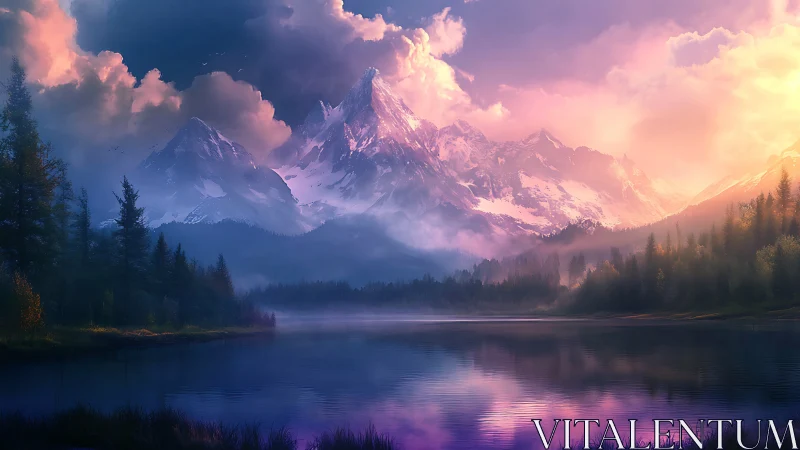 Diffuse-lit alpine peaks reflect in still lake with volumetric haze