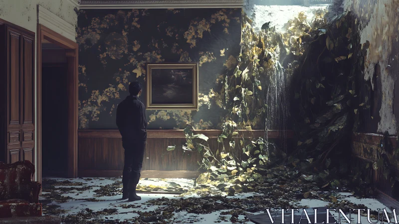 Overgrown room with man watching framed landscape painting.