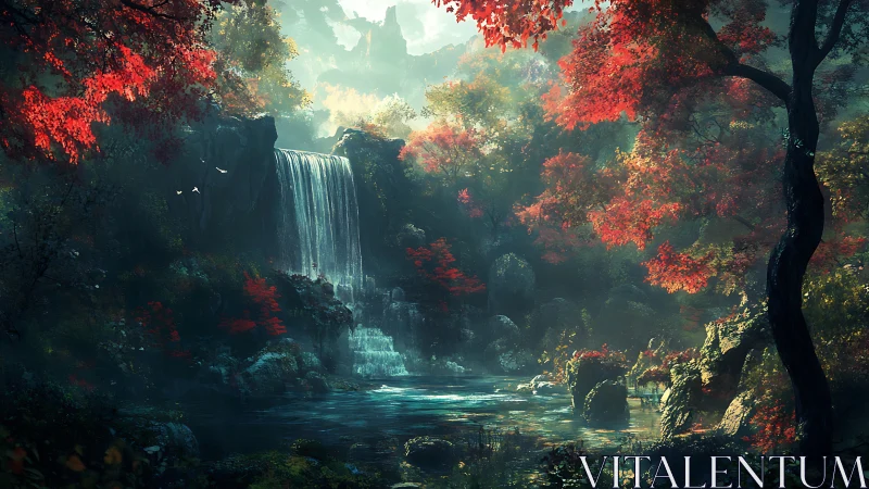 Celestial Waterfall: Autumn Forest Canyon with Ethereal Light.