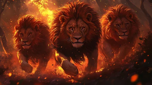 Three Lions Aflame in Fiery Savanna Wilderness Majestically