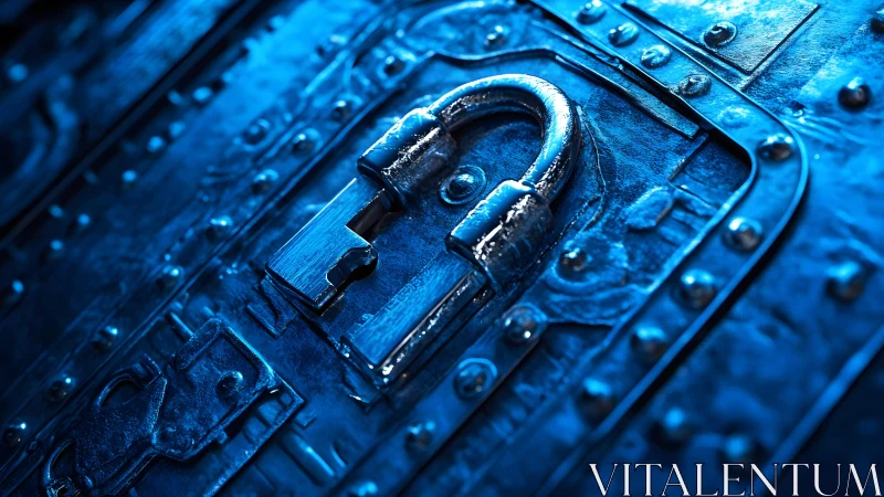 Close-up of Metallic Padlock on Blue-Tinted Chest, Moody Lighting.