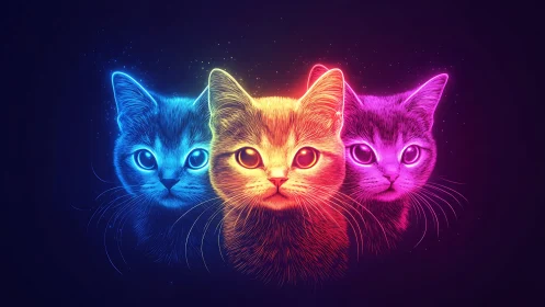 Neon Cats with Glowing Eyes Against Dark Background.