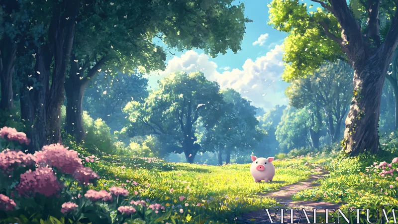 Small stylized pig stands on a forest path in daylight