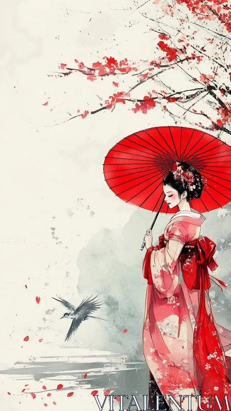 Woman in red kimono holding umbrella under blossom tree.