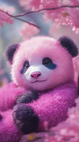 Pink panda cub rests under soft cherry blossom canopy.
