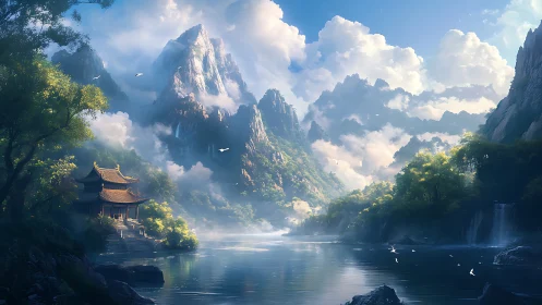 Majestic misty mountains rise above tranquil riverscape scene.