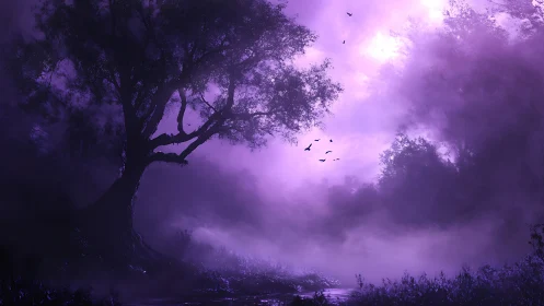 Twilight forest tree rises through luminous violet fog.