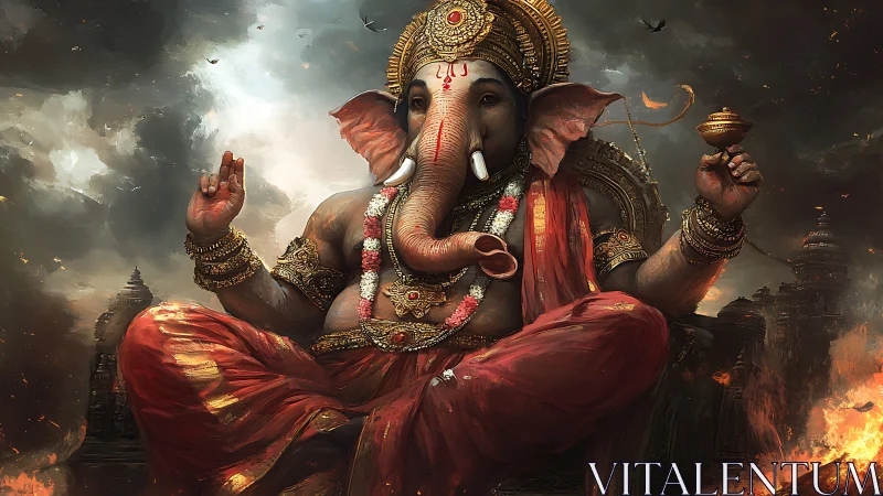 Elephant-headed deity seated amid burning temple ruins