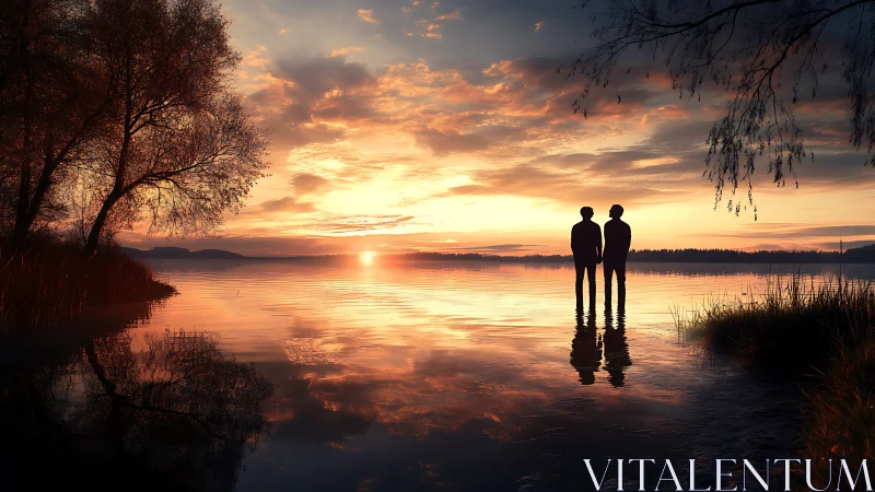 Digital painting of silhouetted figures at reflective sunset shoreline.