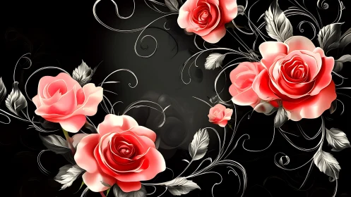 Voluminous Roses Against Black Background with Ornamental Vine Motifs.