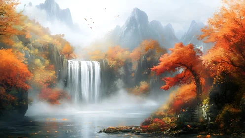 Autumn mountain waterfall landscape with mist and river.