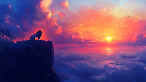 Lone cliffside lion greeting a swirling candy sky sunset.